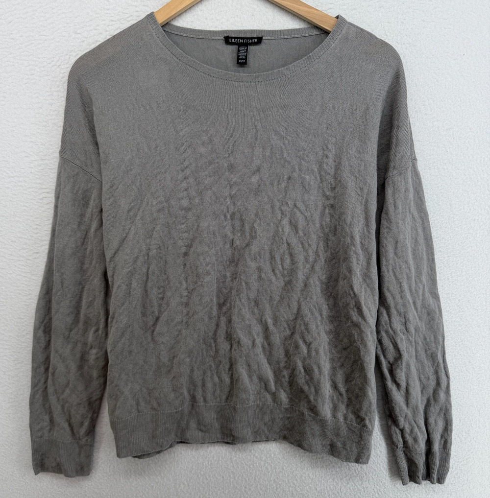 EILEEN FISHER Sweater XS Metallic Crinkle Knit Lyocell Jumper Pullover Gray